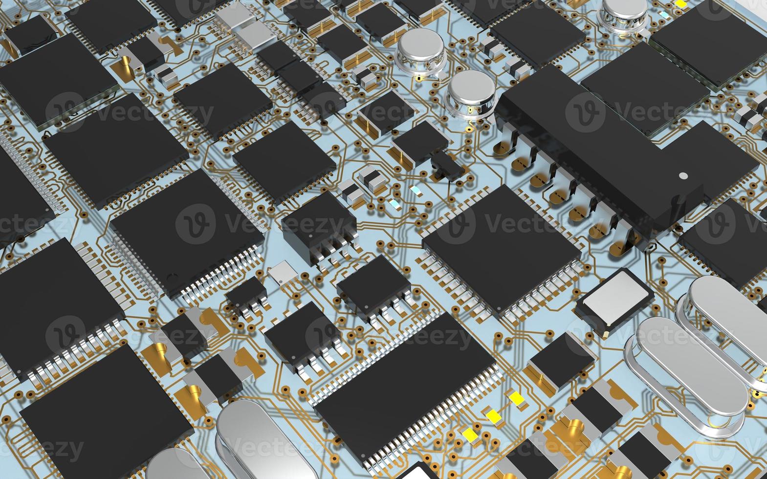 processor chip on a printed circuit board in red backlight. 3d illustration on the topic of technology and the power of artificial intelligence. photo