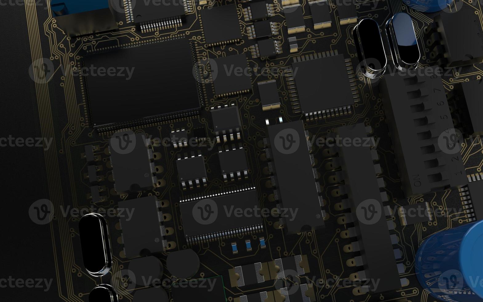 processor chip on a printed circuit board in red backlight. 3d illustration on the topic of technology and the power of artificial intelligence. photo