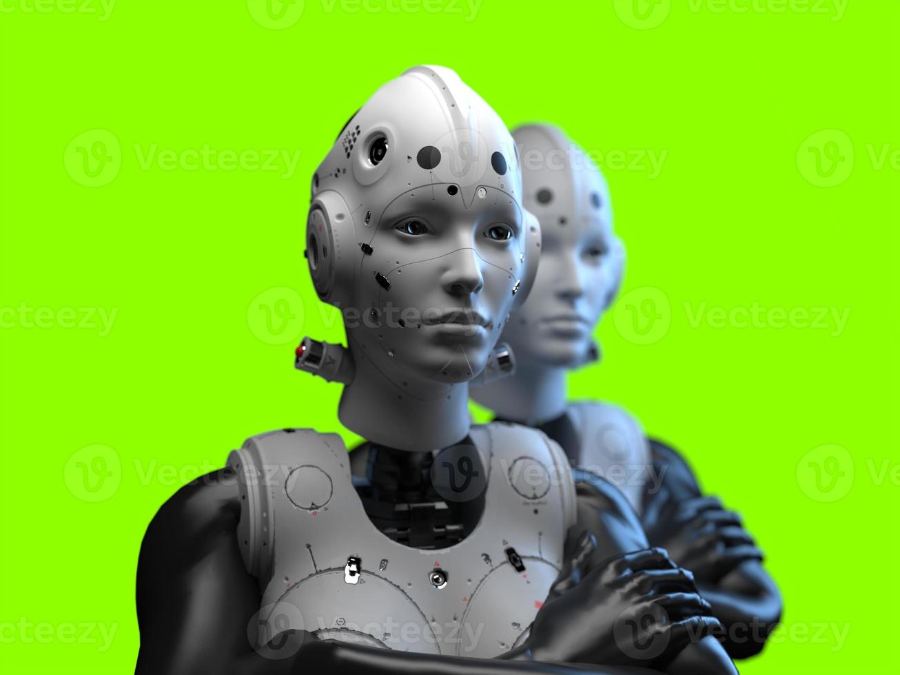 portrait of three robots close-up. isolated 3d illustration for use with dark background photo