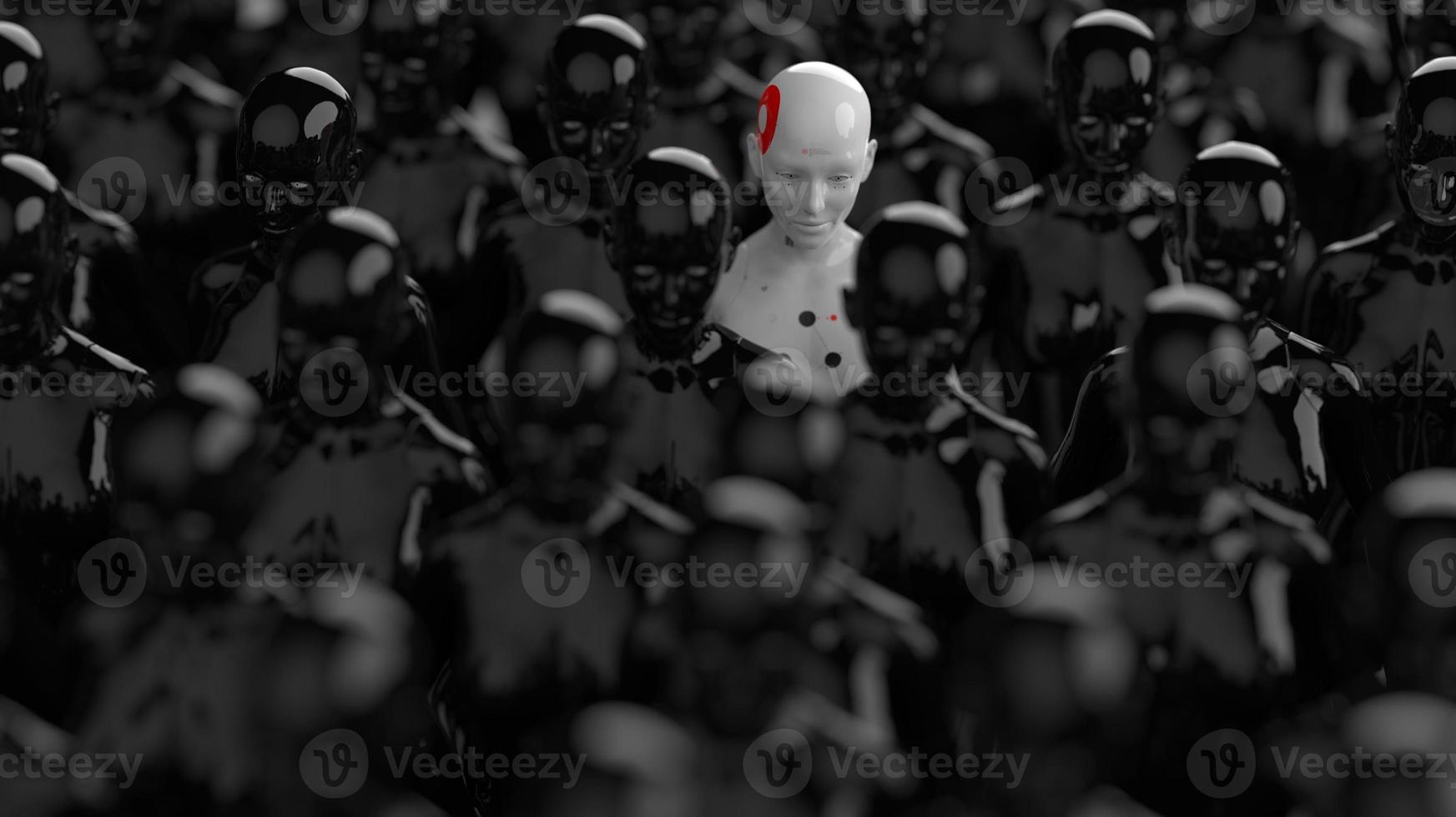 group of robots in female image standing in rows artificial intelligence and robotics concept photo