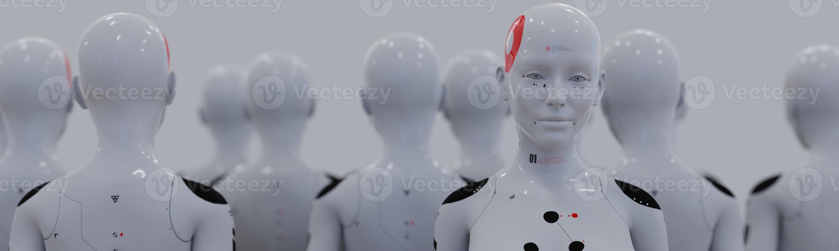 group of robots in female image standing in rows artificial intelligence and robotics concept photo