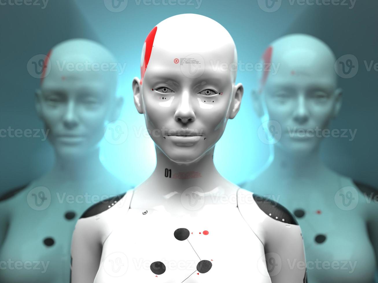 group of robots in female image standing in rows artificial intelligence and robotics concept photo