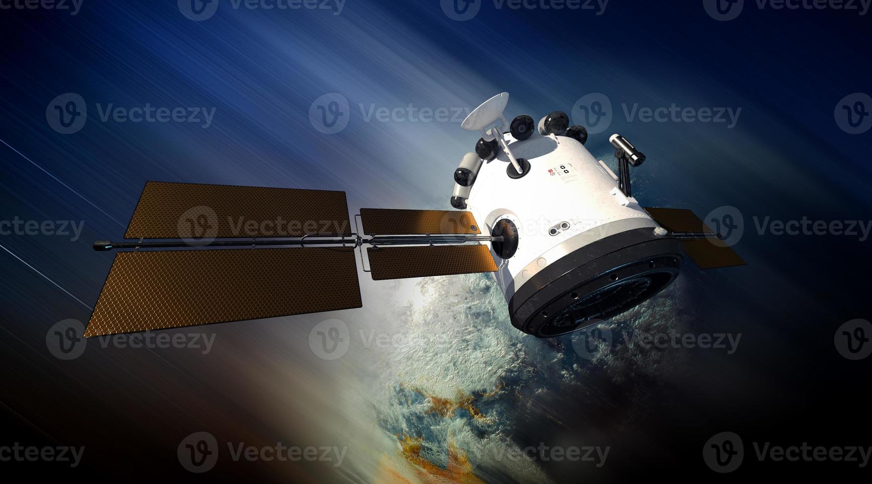 global satellite system. Communication satellite on futuristic space background photo