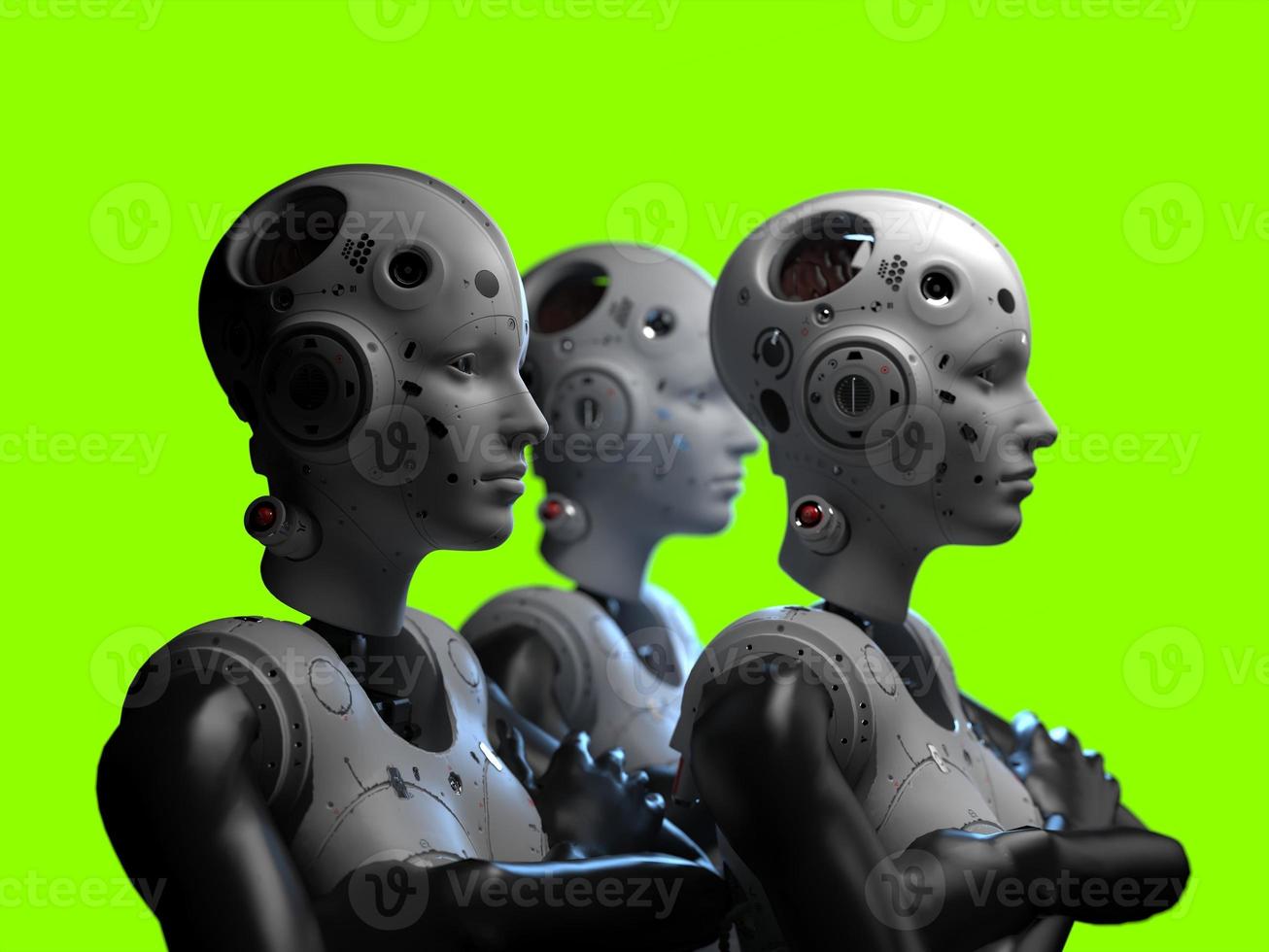 portrait of three robots close-up. isolated 3d illustration for use with dark background photo