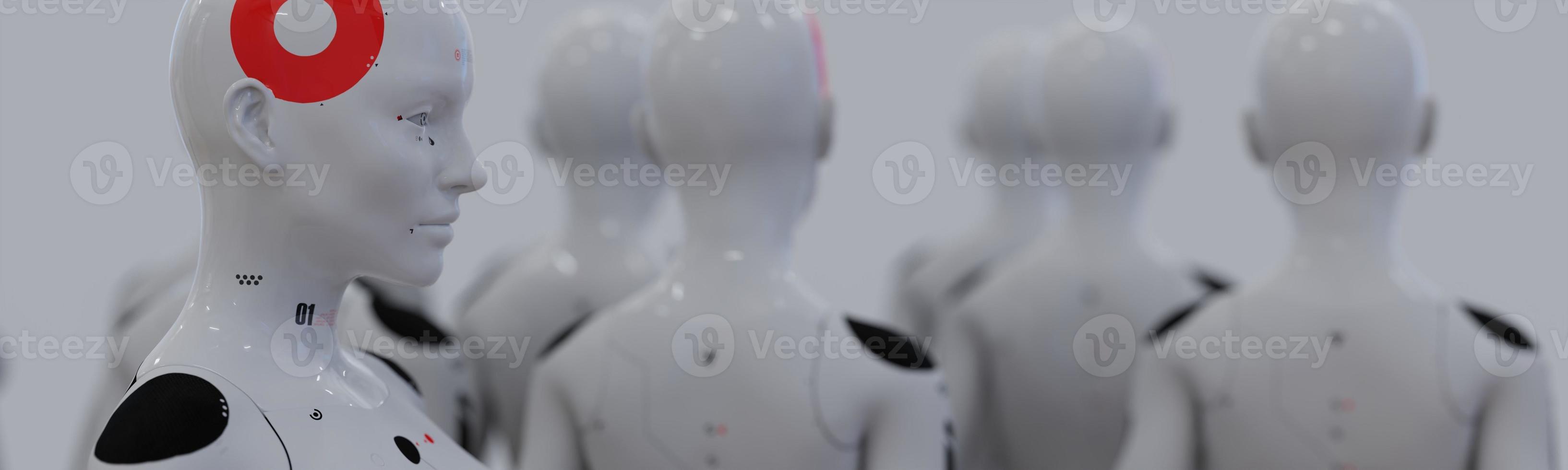 group of robots in female image standing in rows artificial intelligence and robotics concept photo