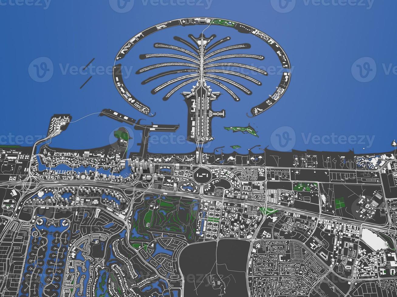 top view of the big city. illustration in casual graphic design. fragment of dubai 3d render photo