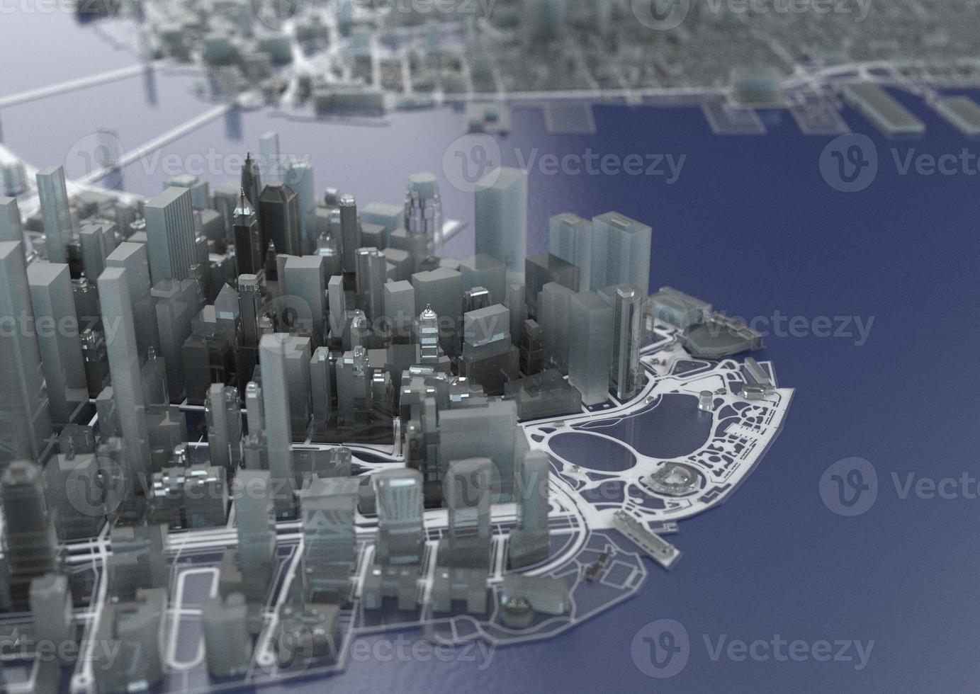 big city in the mountains top view. illustration in casual graphic design. fragments New York 3D render photo