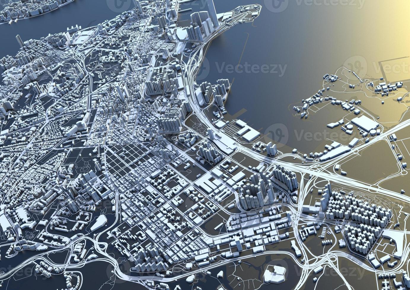 big city in the mountains top view. illustration in casual graphic design. fragments New York 3D render photo