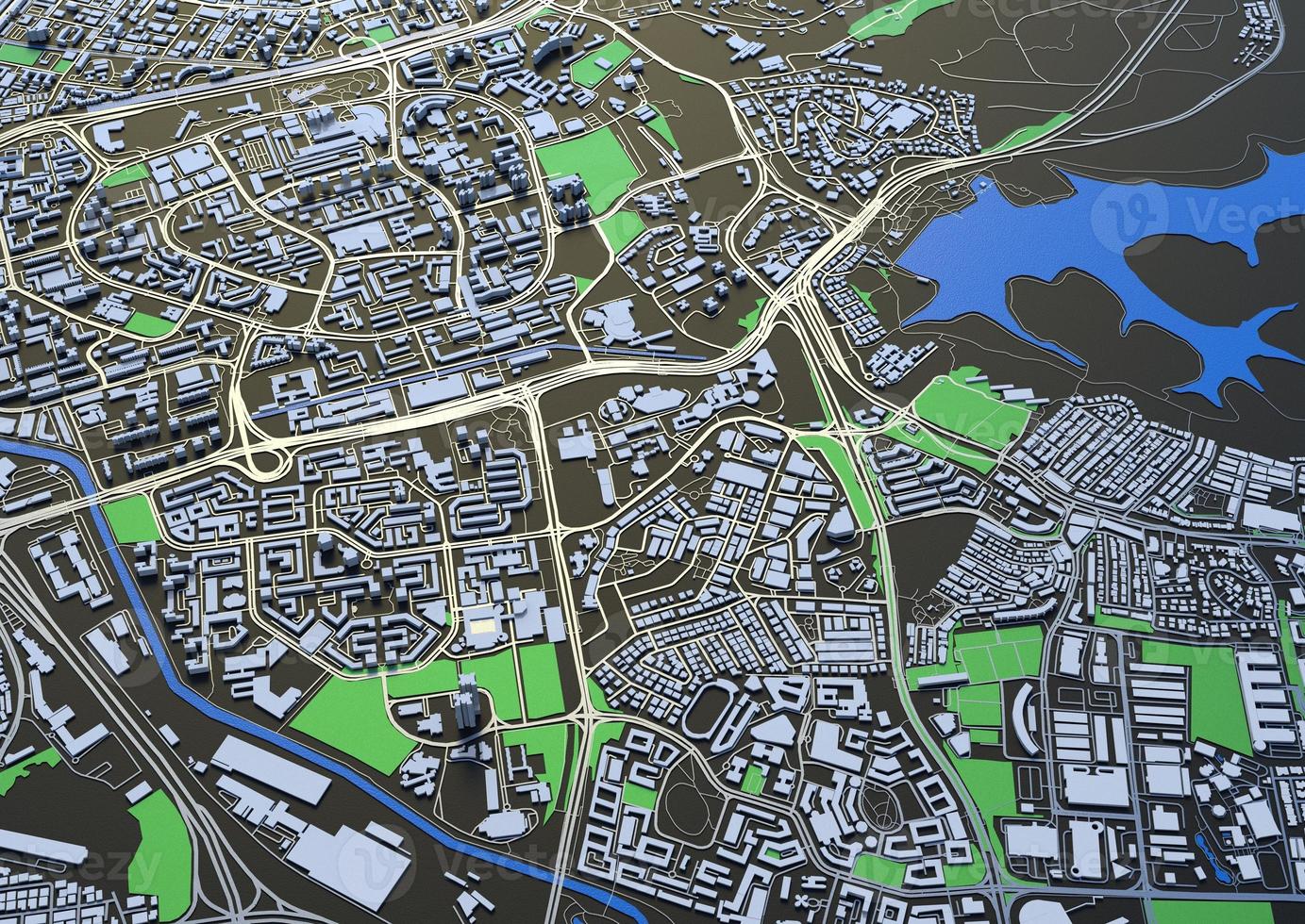 big city in the mountains top view. illustration in casual graphic design. fragments New York 3D render photo