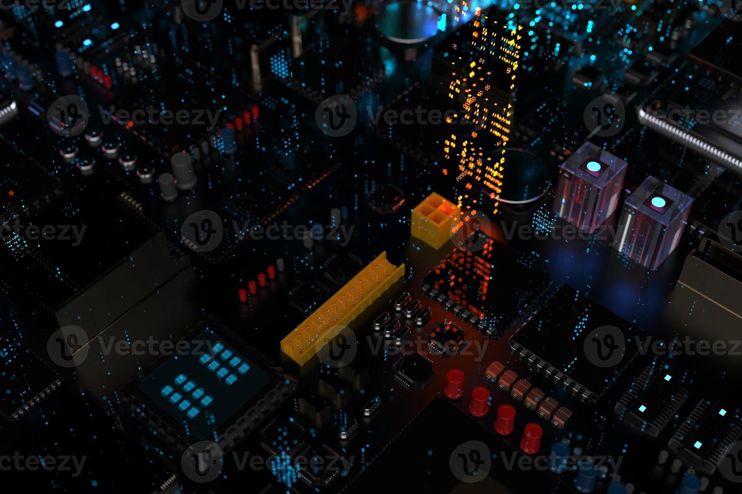 printed circuit board with microchips, processors and other computer parts on a dark background. 3d render photo