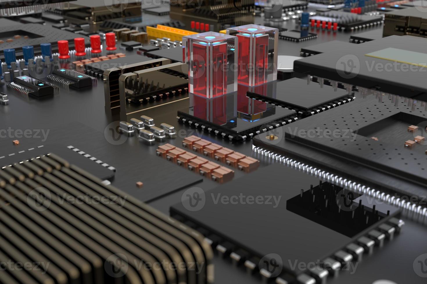 printed circuit board with microchips, processors and other computer parts on a dark background. 3d render photo