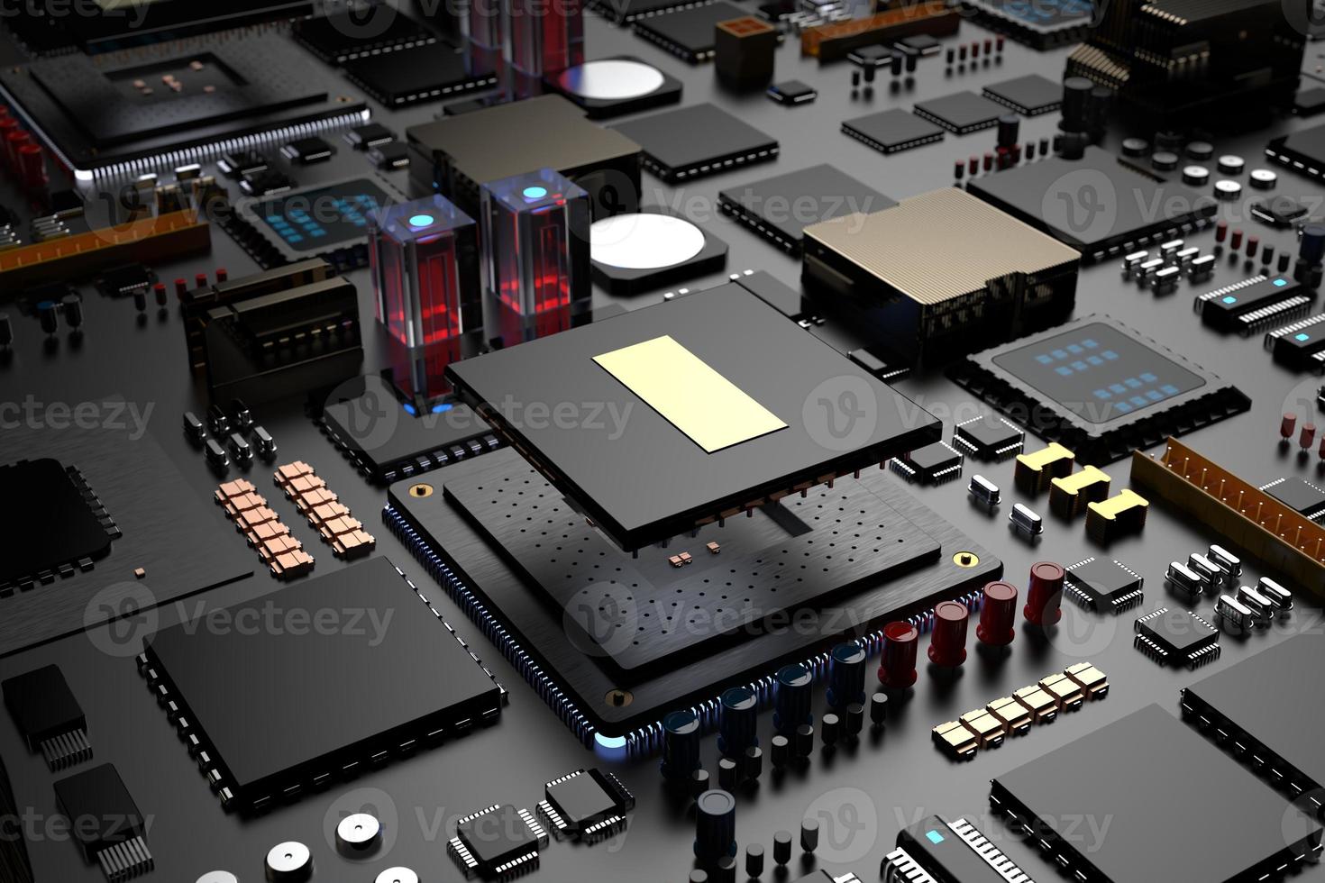 placa de circuito impreso con microchips, procesadores y otras partes de computadora sobre un fondo oscuro. renderizado 3d foto