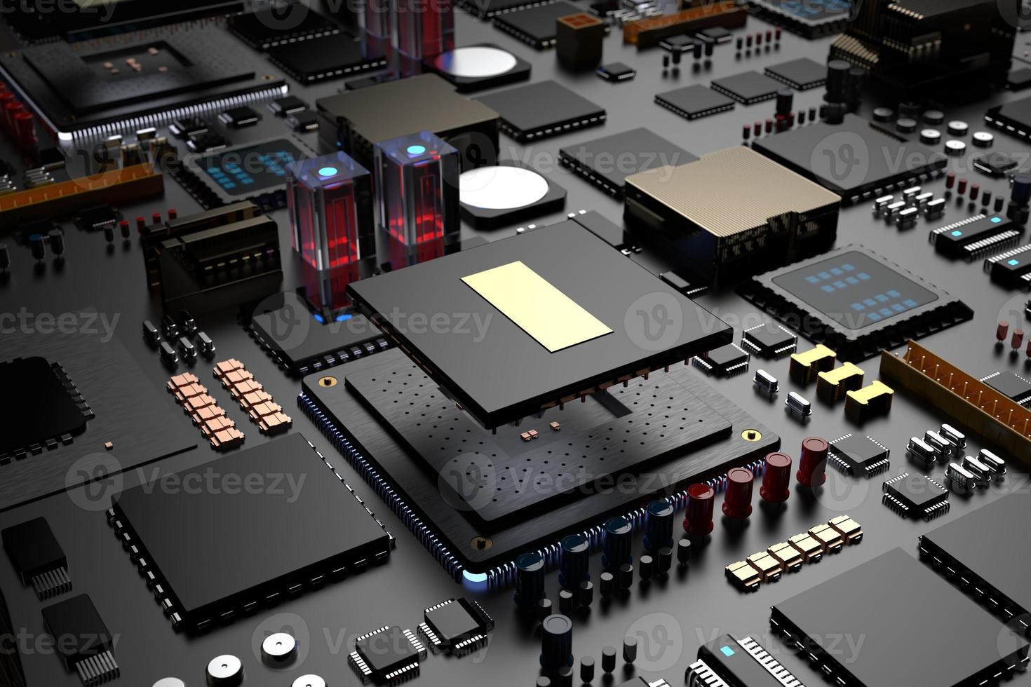 printed circuit board with microchips, processors and other computer parts on a dark background. 3d render photo