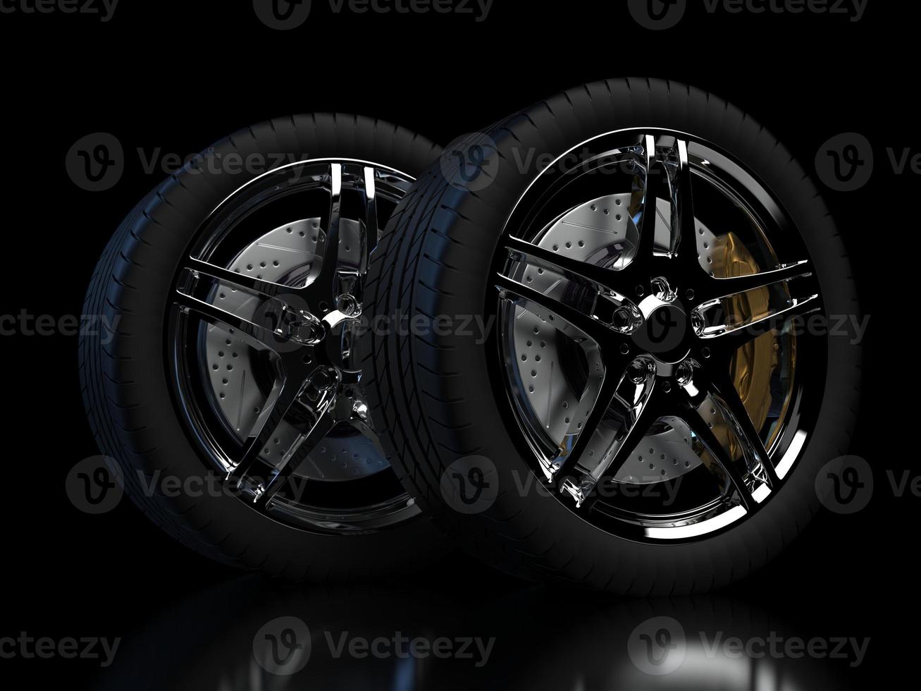 auto wheel with chrome disks close-up on a dark background. 3d render photo