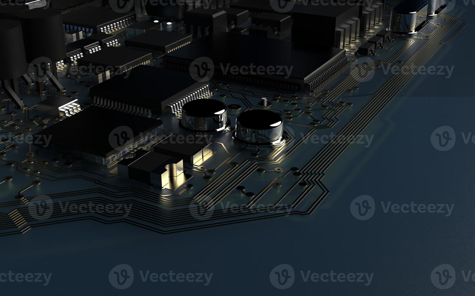 processor chip on a printed circuit board in red backlight. 3d illustration on the topic of technology and the power of artificial intelligence. photo