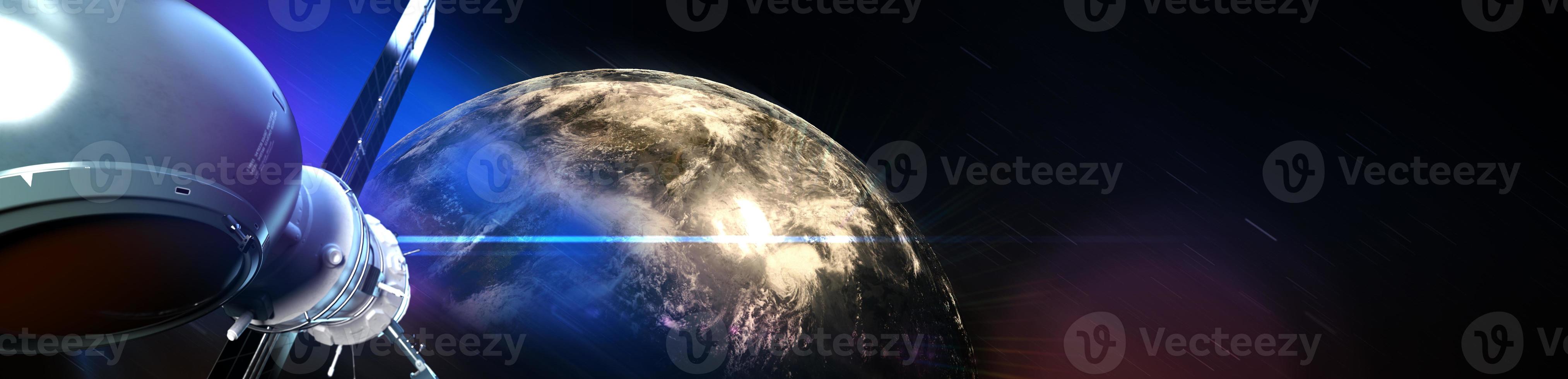 global satellite system. Communication satellite on futuristic space background photo