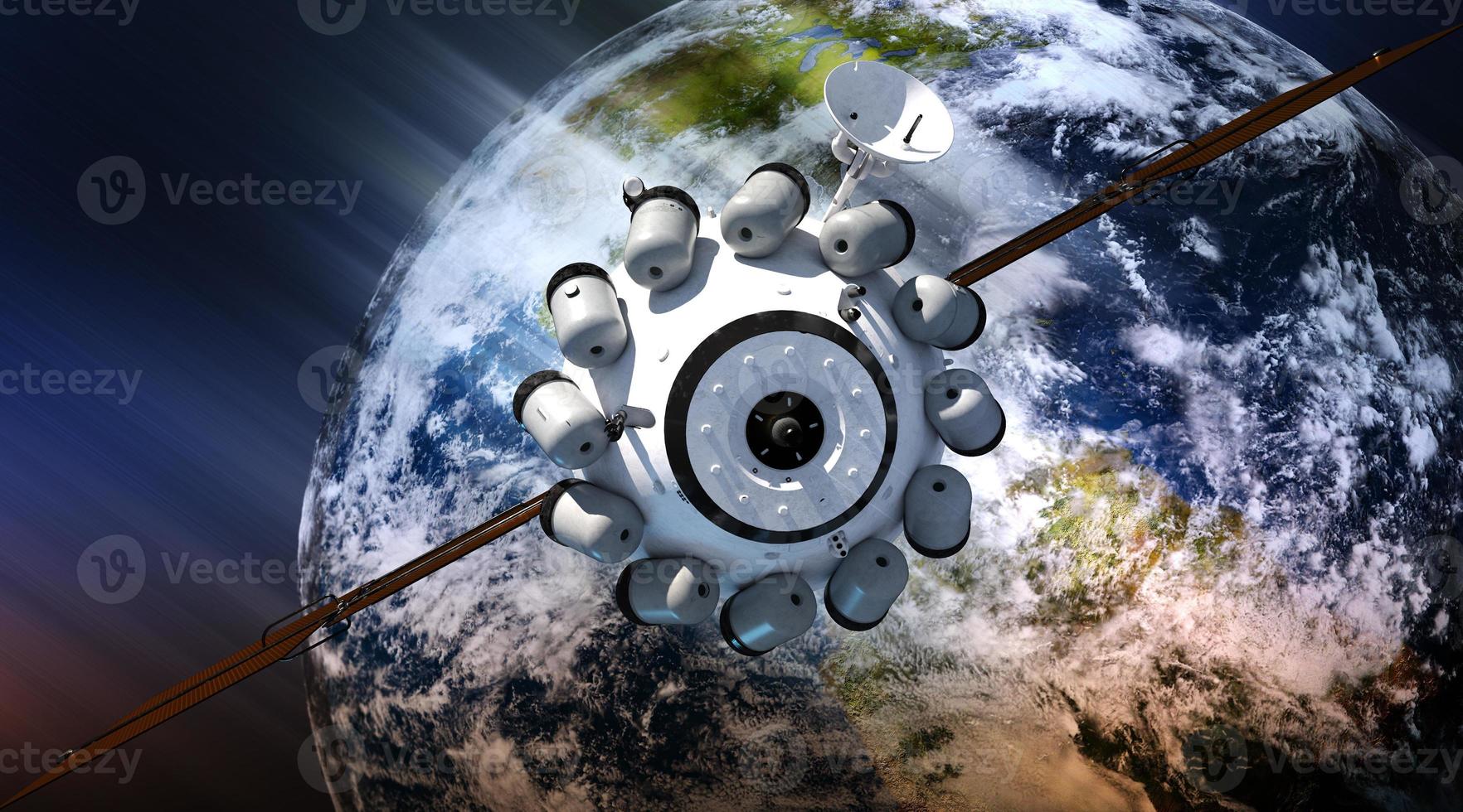 global satellite system. Communication satellite on futuristic space background photo