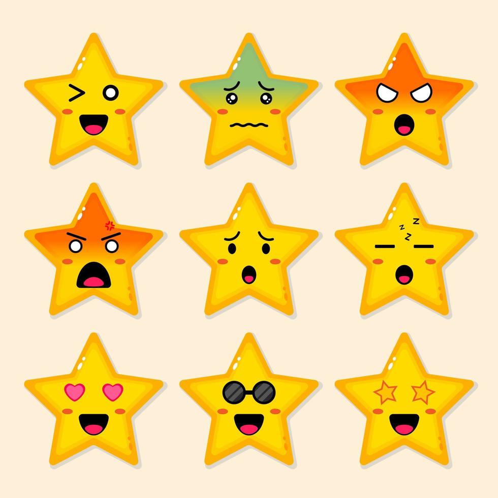 lindo personaje de dibujos animados de estrellas con diferentes emociones. vector