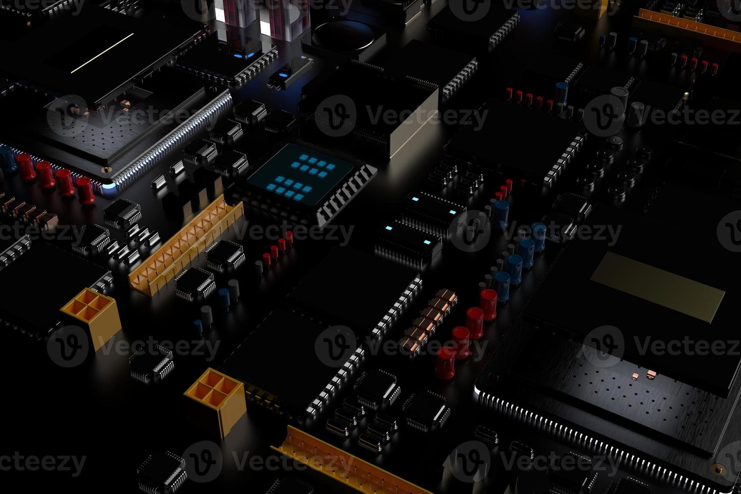 printed circuit board with microchips, processors and other computer parts on a dark background. 3d render photo
