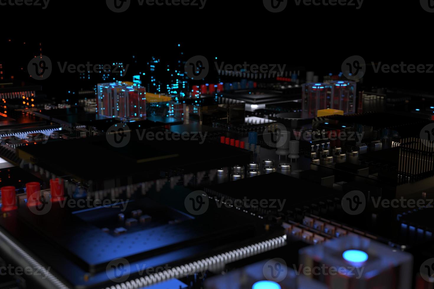 printed circuit board with microchips, processors and other computer parts on a dark background. 3d render photo