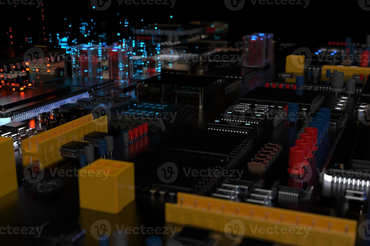 printed circuit board with microchips, processors and other computer parts on a dark background. 3d render photo