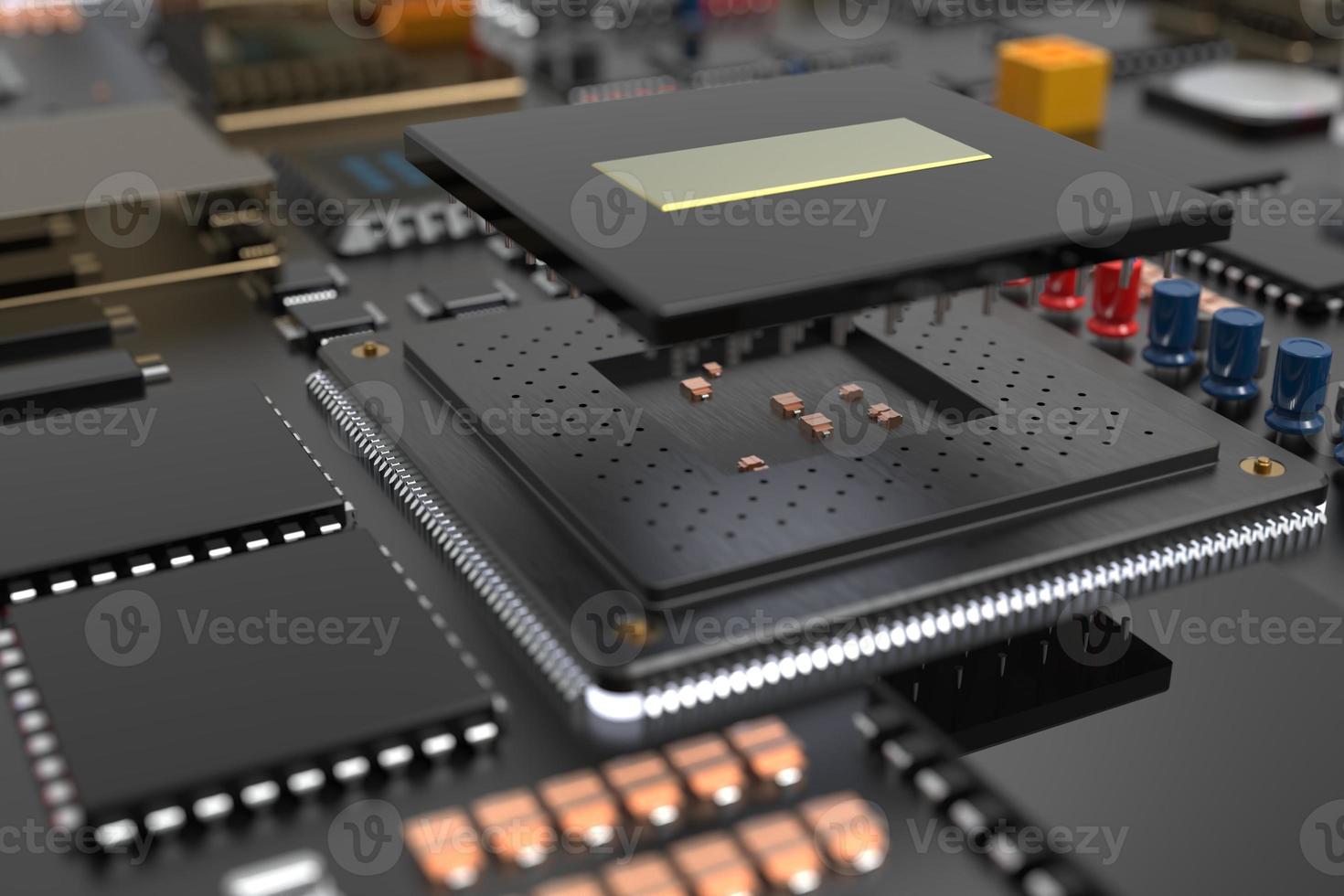 placa de circuito impreso con microchips, procesadores y otras partes de la computadora. 3D Render sobre el tema de la tecnología y la gran potencia informática foto