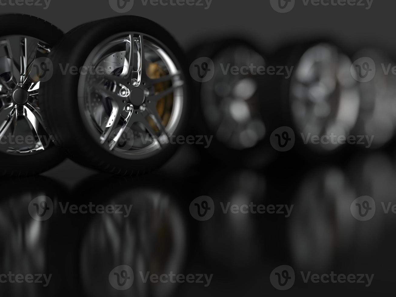 auto wheel with chrome disks close-up on a dark background. 3d render photo