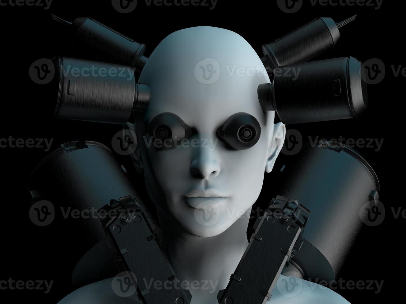 robot woman. close-up portrait. abstraction on the topic of technology and games. 3d illustration photo