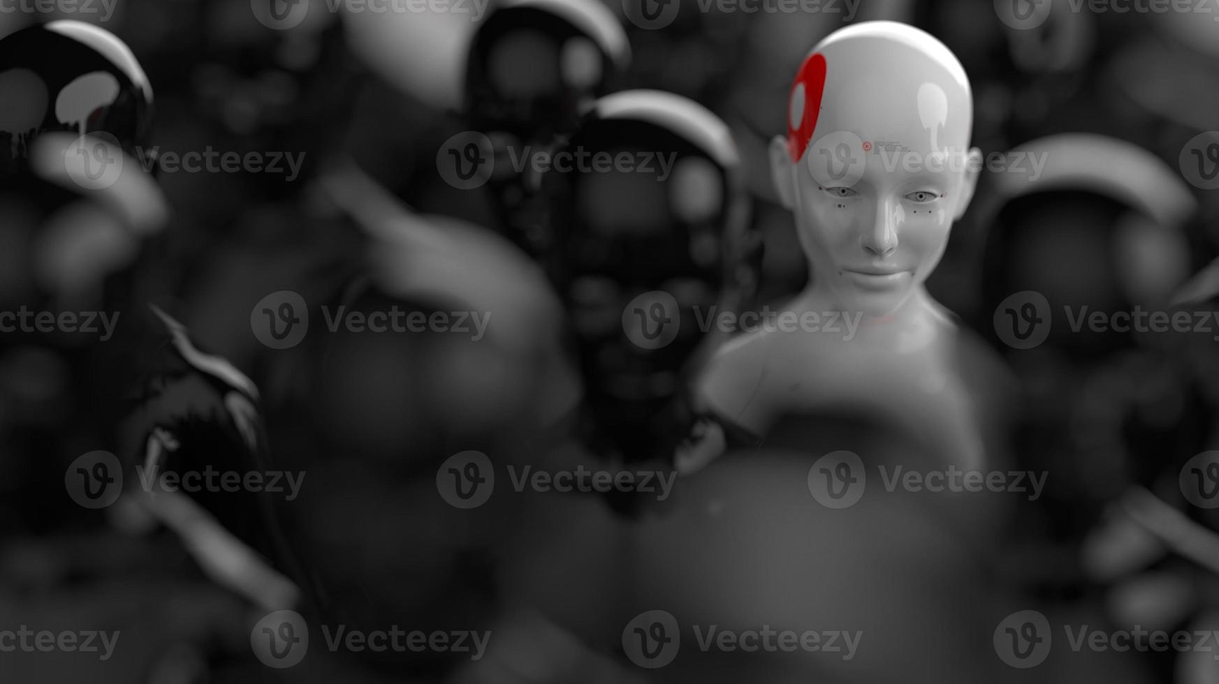 group of robots in female image standing in rows artificial intelligence and robotics concept photo