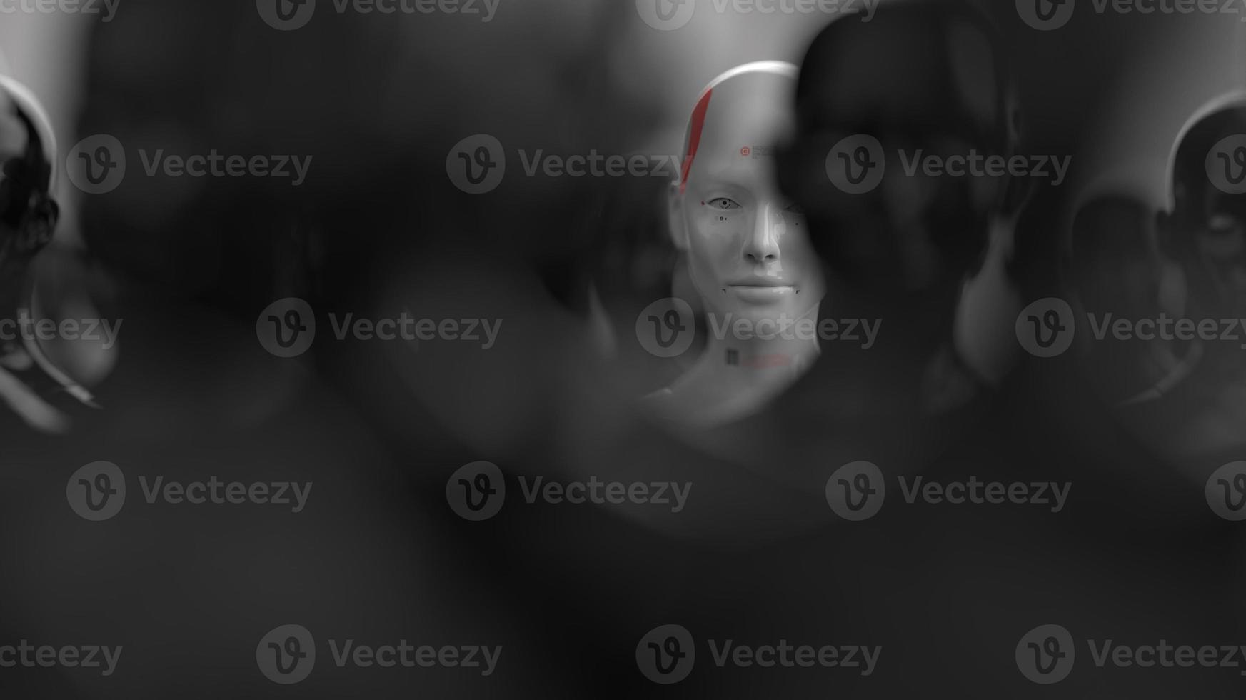 group of robots in female image standing in rows artificial intelligence and robotics concept photo