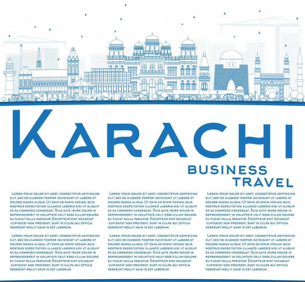 Outline Karachi Skyline with Blue Landmarks and Copy Space. vector