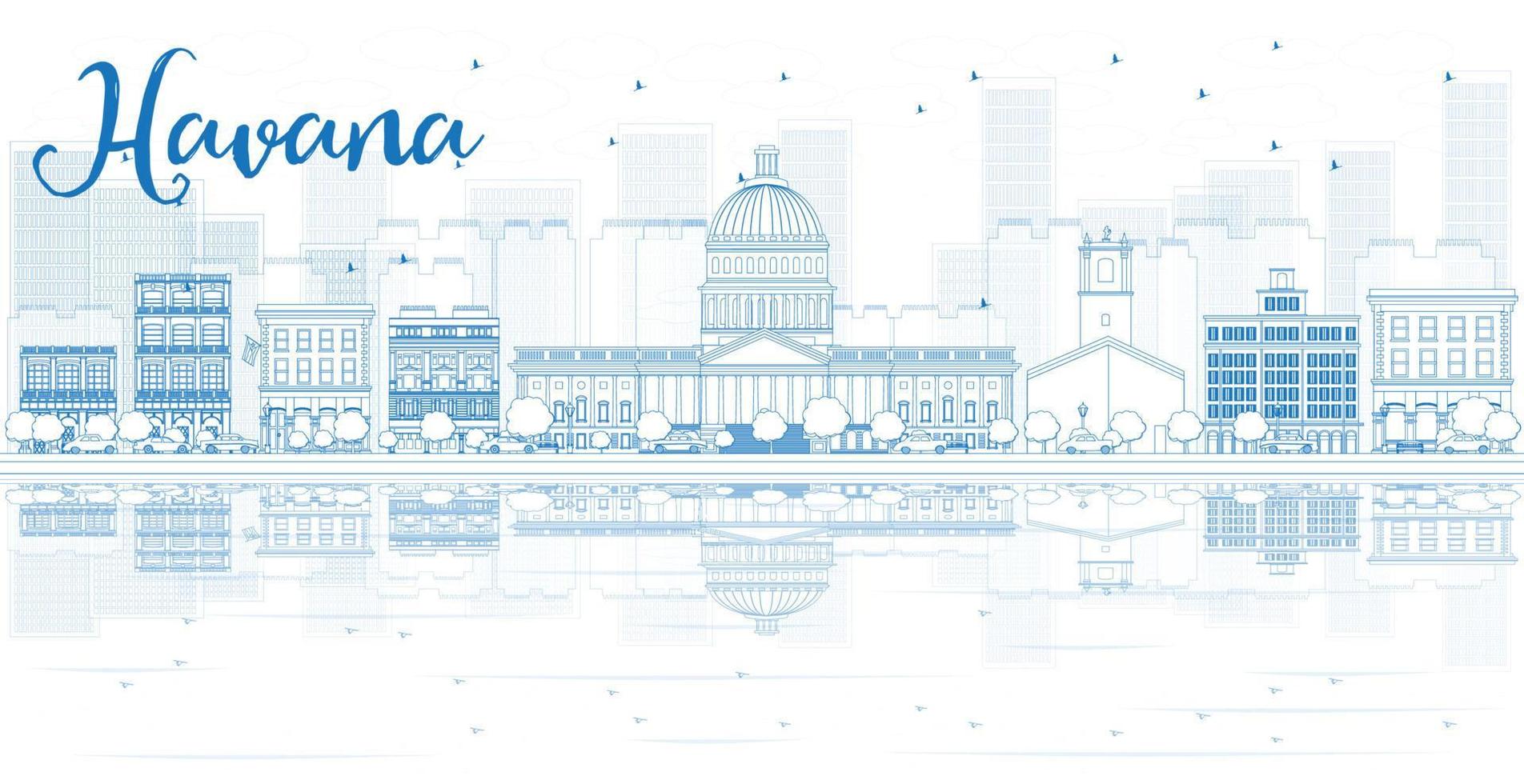 Outline Havana skyline with blue buildings and reflections. vector