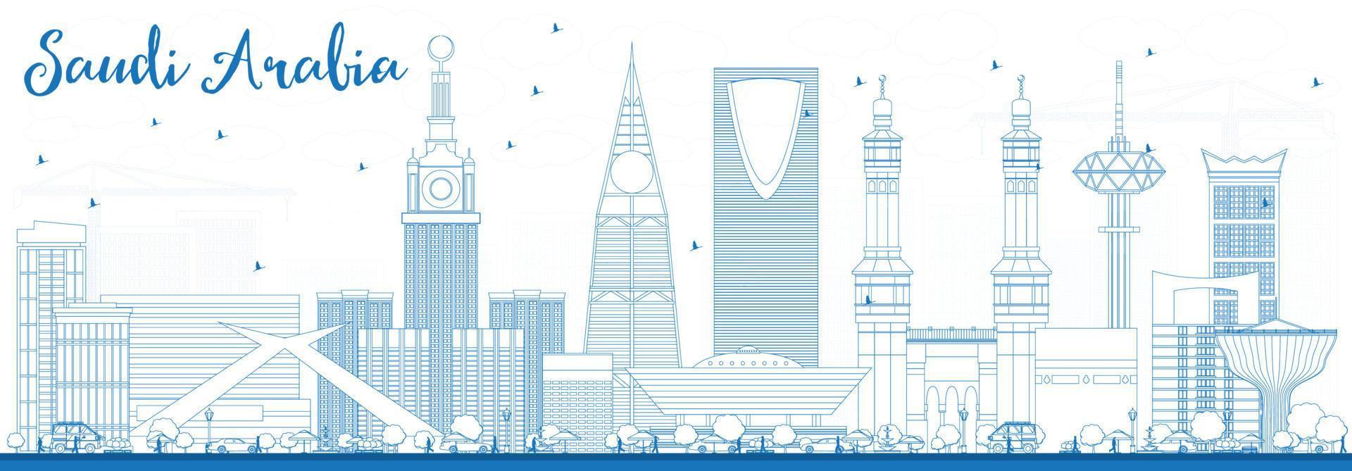 Outline Saudi Arabia Skyline with Blue Landmarks. vector