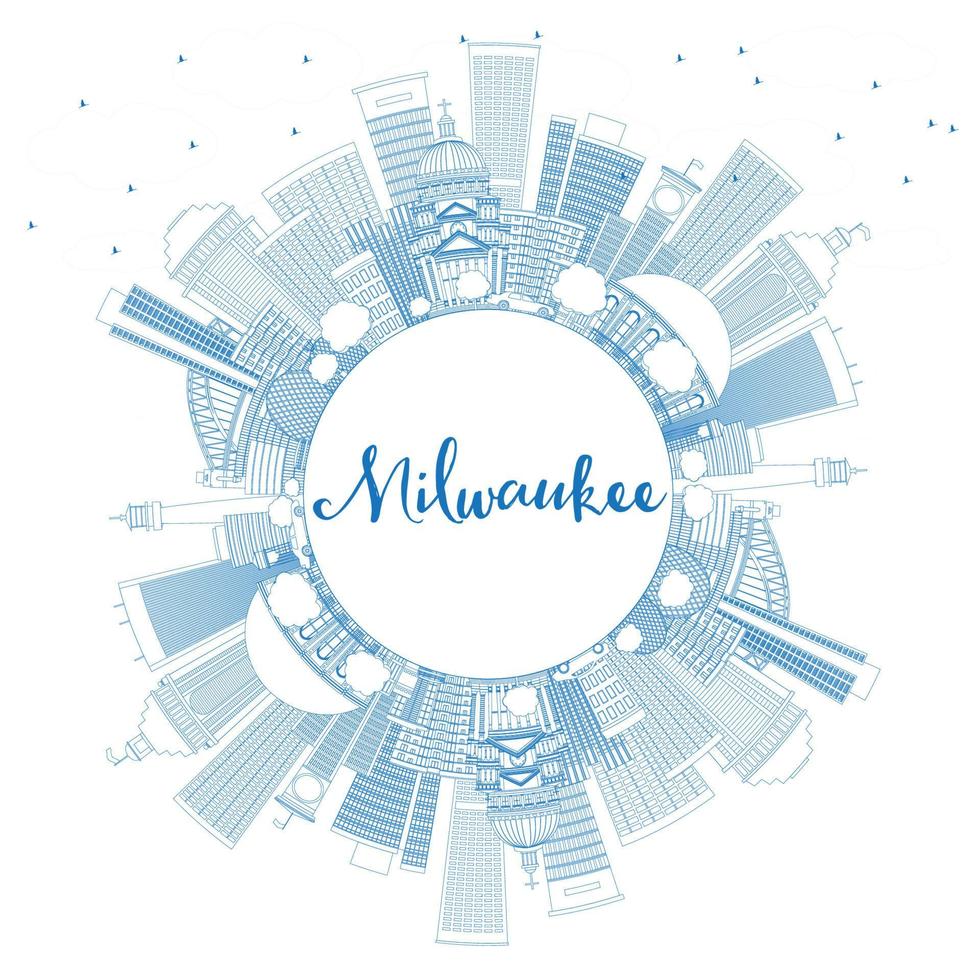 Outline Milwaukee Skyline with Blue Buildings and Copy Space. vector