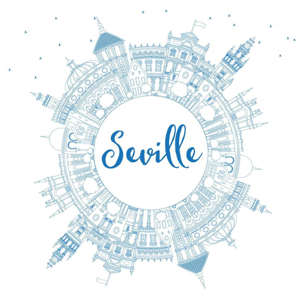 Outline Seville Skyline with Blue Buildings and Copy Space. vector