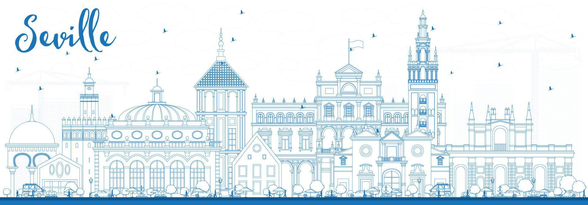 Outline Seville Skyline with Blue Buildings. vector