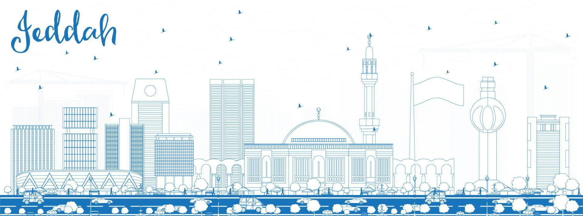 Outline Jeddah Skyline with Blue Buildings. vector