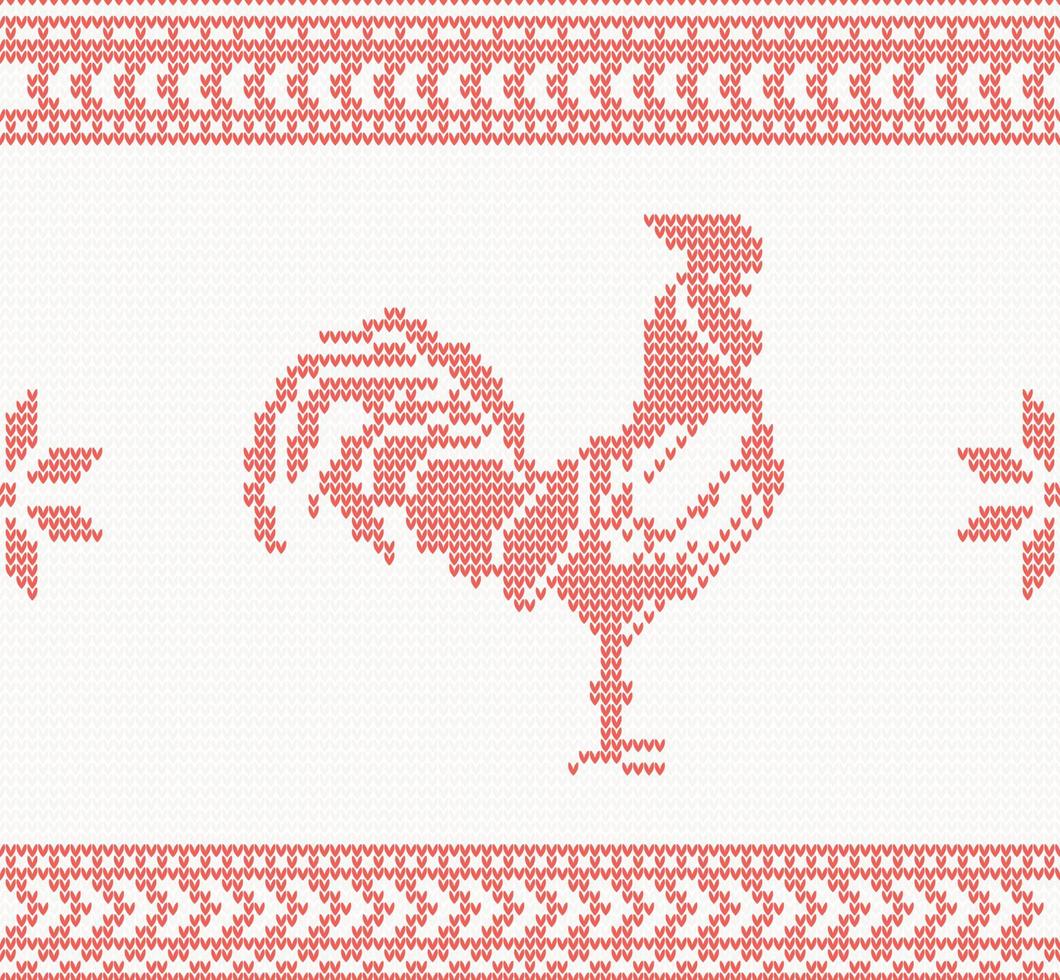 Knitted Rooster Seamless Pattern in Red Color. vector