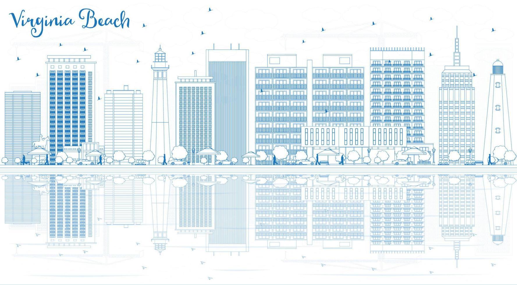 Outline Virginia Beach Skyline with Blue Buildings and Reflections. vector