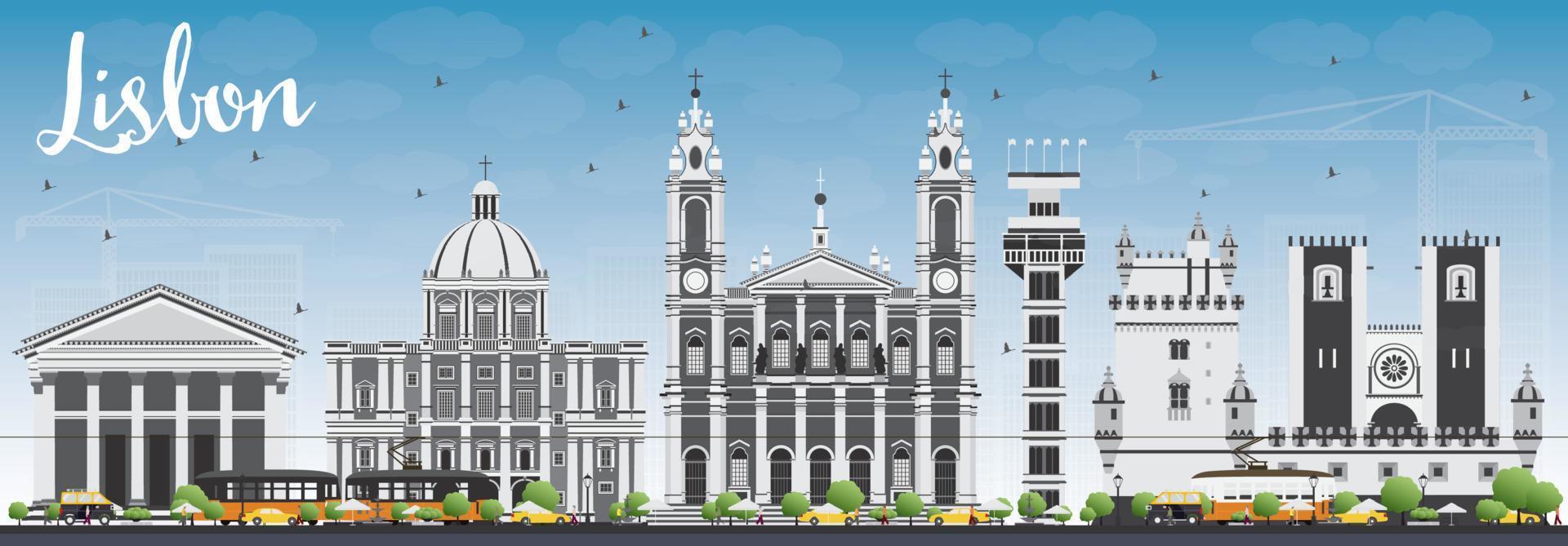 Lisbon Skyline with Gray Buildings and Blue Sky. vector