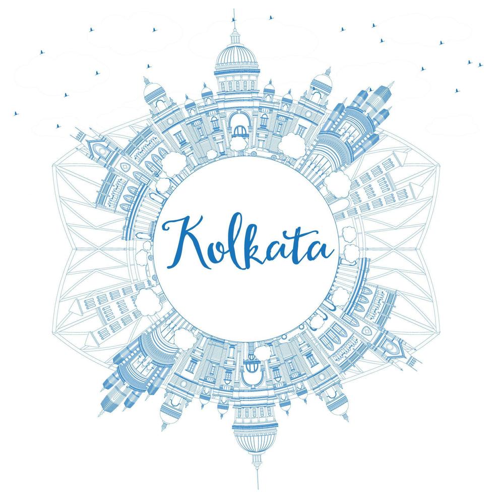 delinee el horizonte de kolkata con puntos de referencia azules y copie el espacio. vector