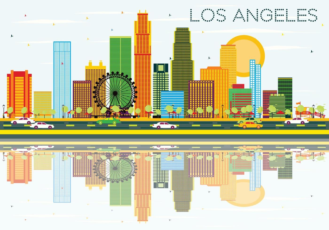 horizonte de los ángeles con edificios de color, cielo azul y reflejos. vector