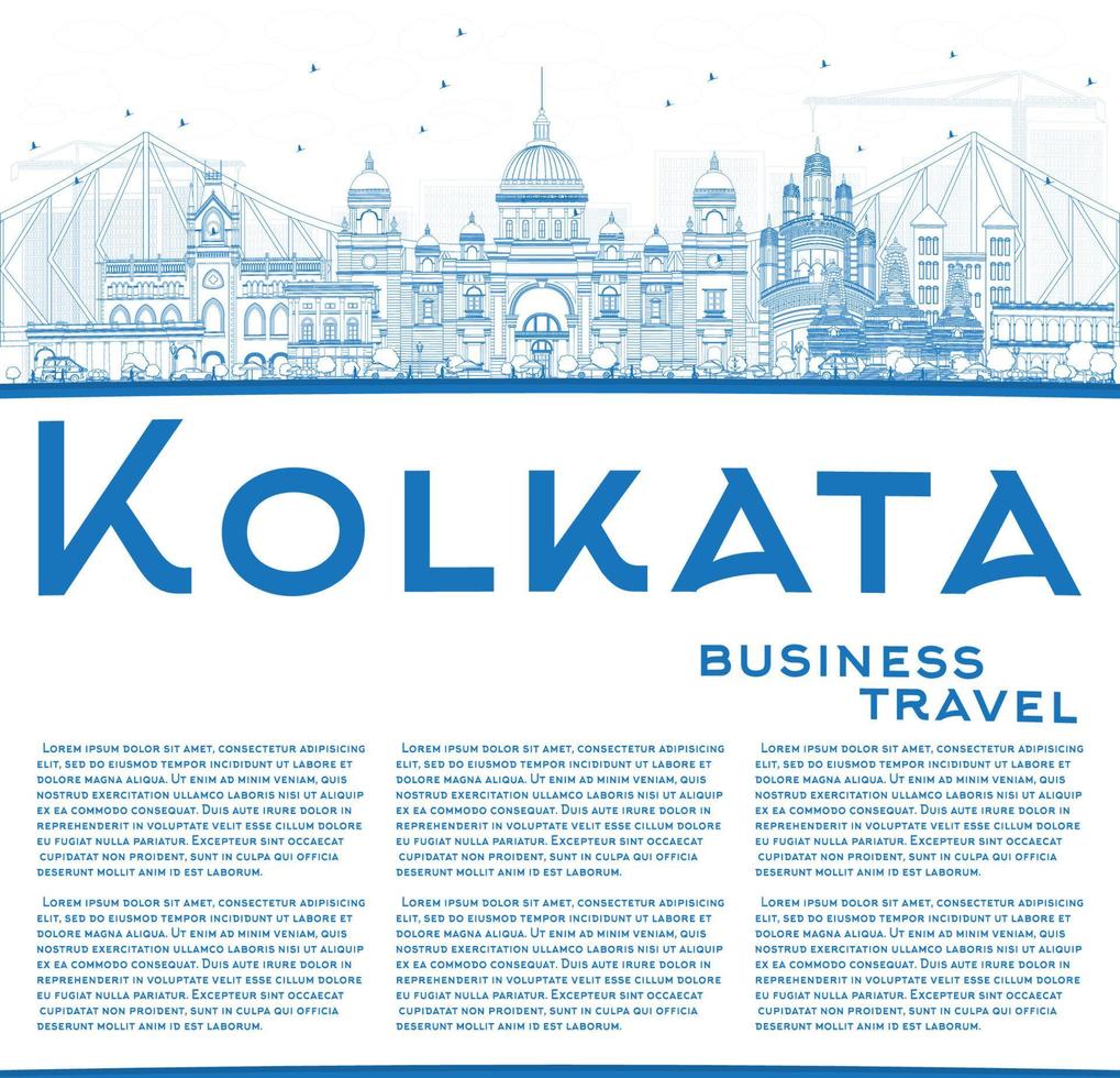 delinee el horizonte de kolkata con puntos de referencia azules y copie el espacio. vector