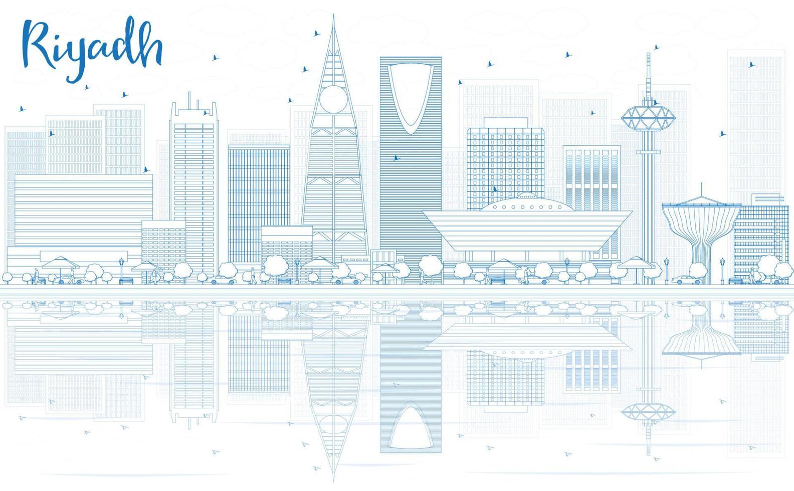 Outline Riyadh skyline with blue buildings and reflections. vector