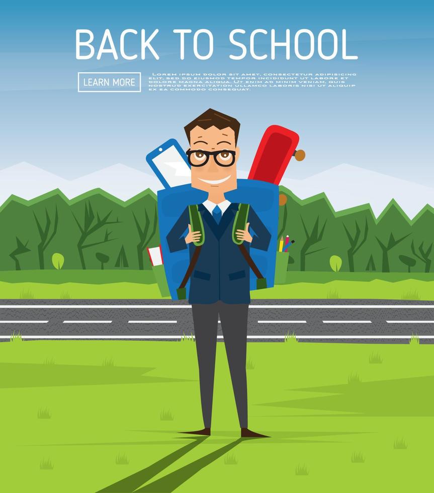 Smiling Young School Boy in Uniform with Blue Backpack. vector