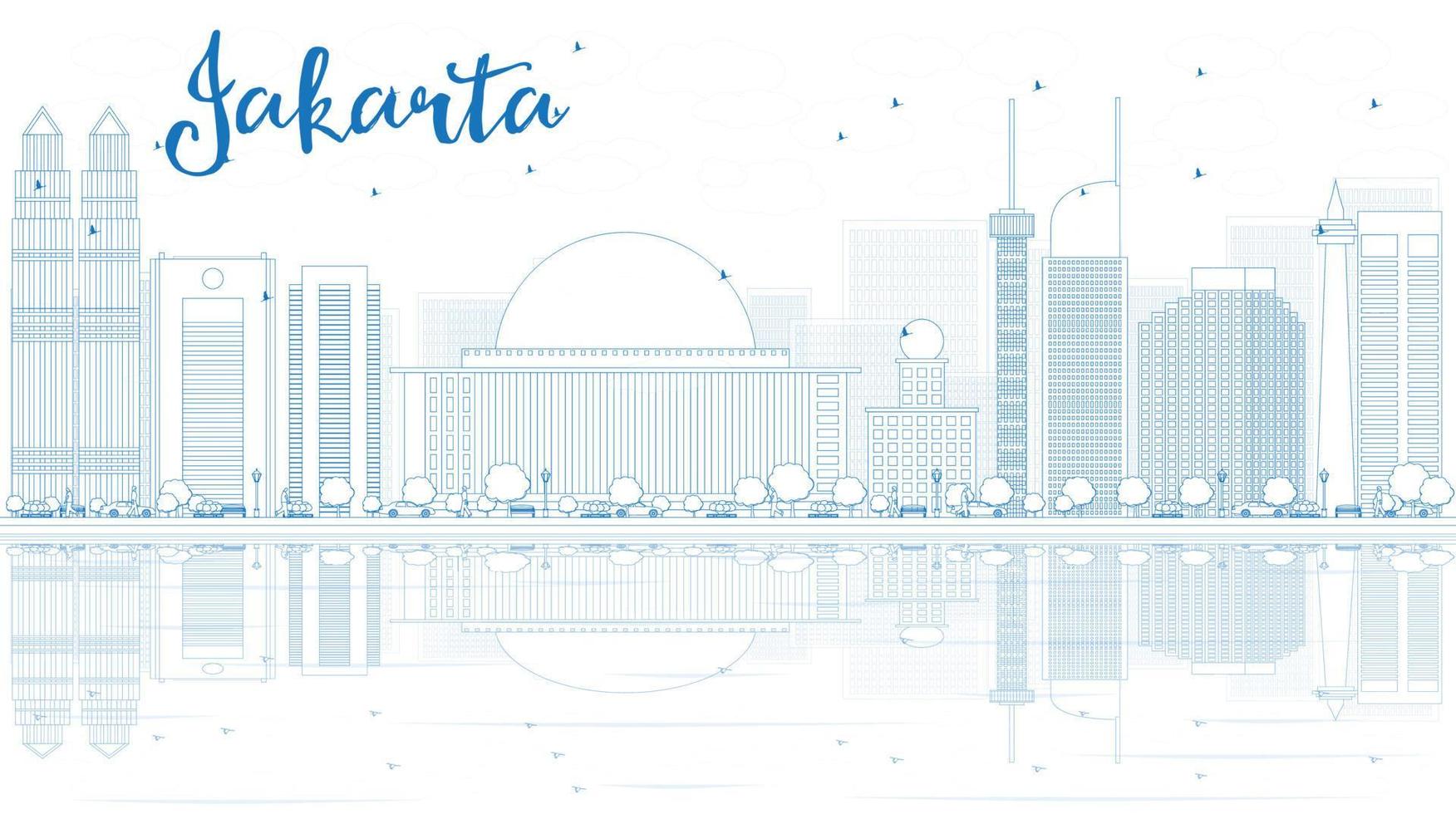 Outline Jakarta skyline with blue buildings and reflections. vector
