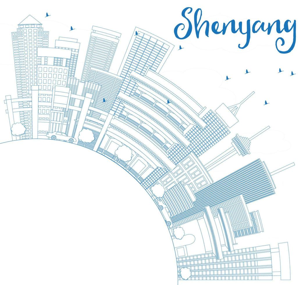 Outline Shenyang Skyline with Blue Buildings and Copy Space. vector