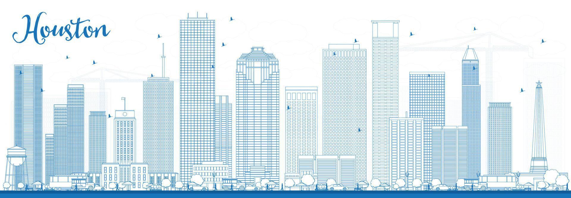 Outline Houston Skyline with Blue Buildings. vector