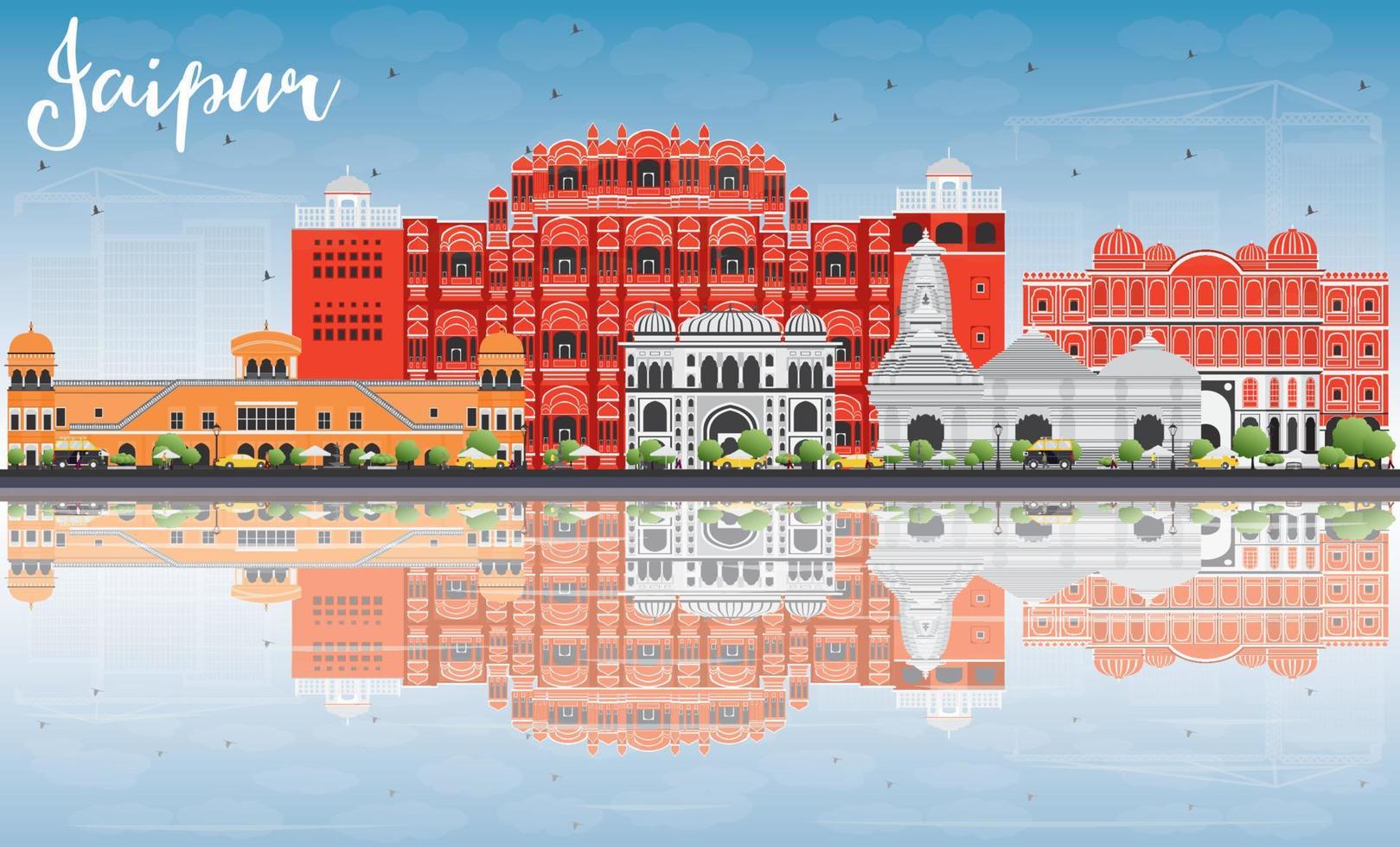 Jaipur Skyline with Color Landmarks, Blue Sky and Reflections. vector