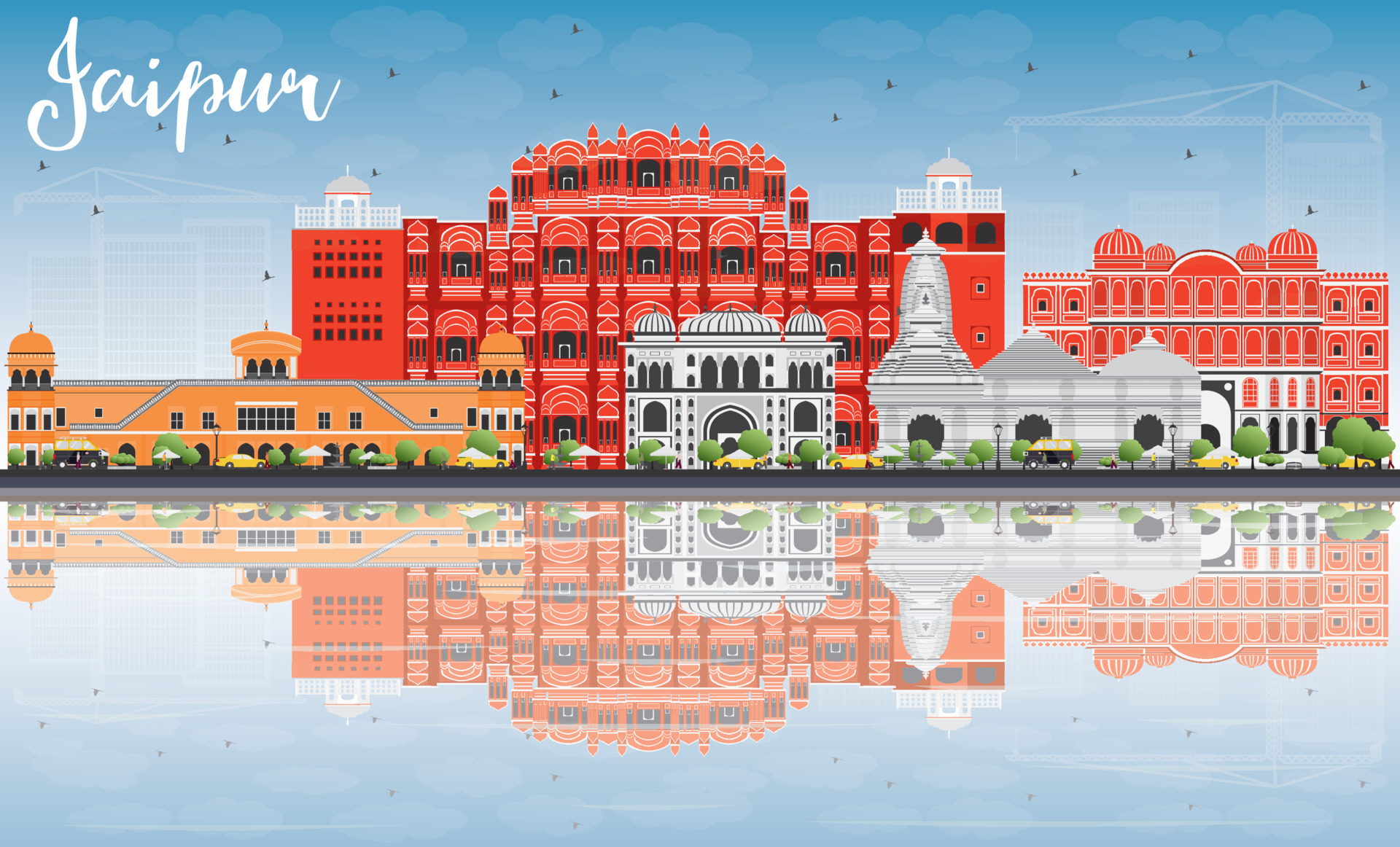 Jaipur Skyline with Color Landmarks, Blue Sky and Reflections. 9251997